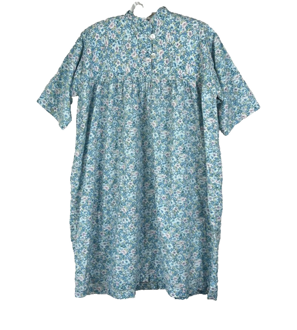 Women's House Dress Handmade Blue Floral Short Sleeve Midi Cottage Prairie